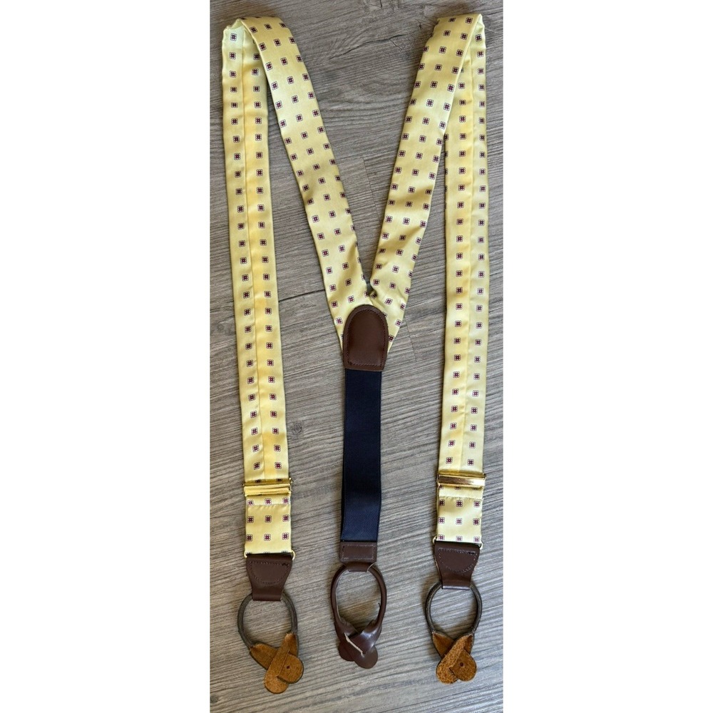 Men's Yellow Blue Brown Geometric Suspenders Leather Button Tabs Adjustable Y - Picture 2 of 2